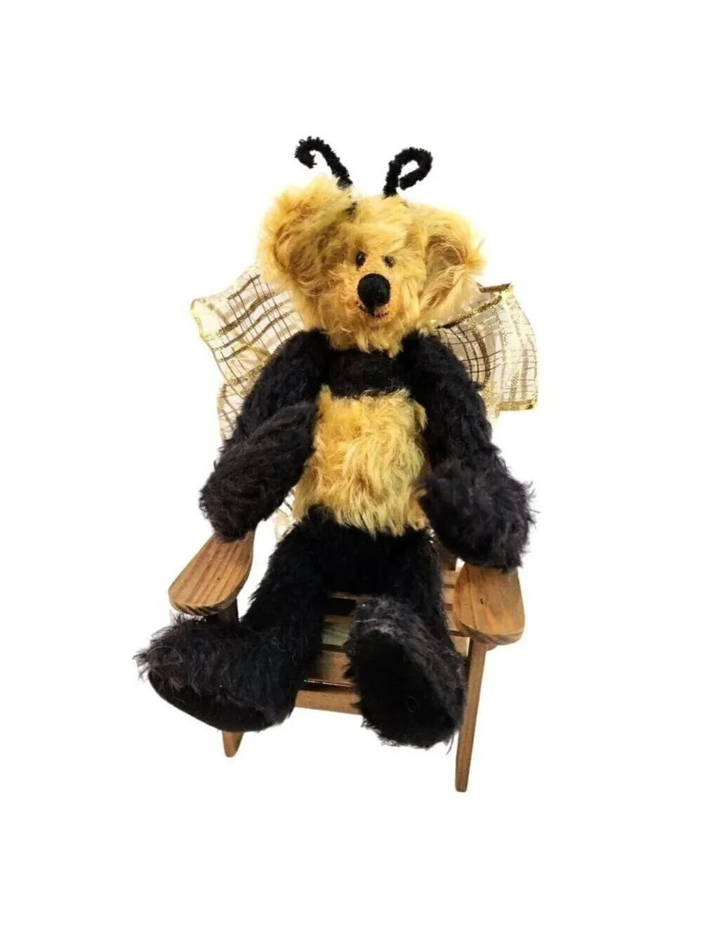 Vintage Handmade Bumblebee Teddy Bear Weighted Plush Golden Ribbon Bow
